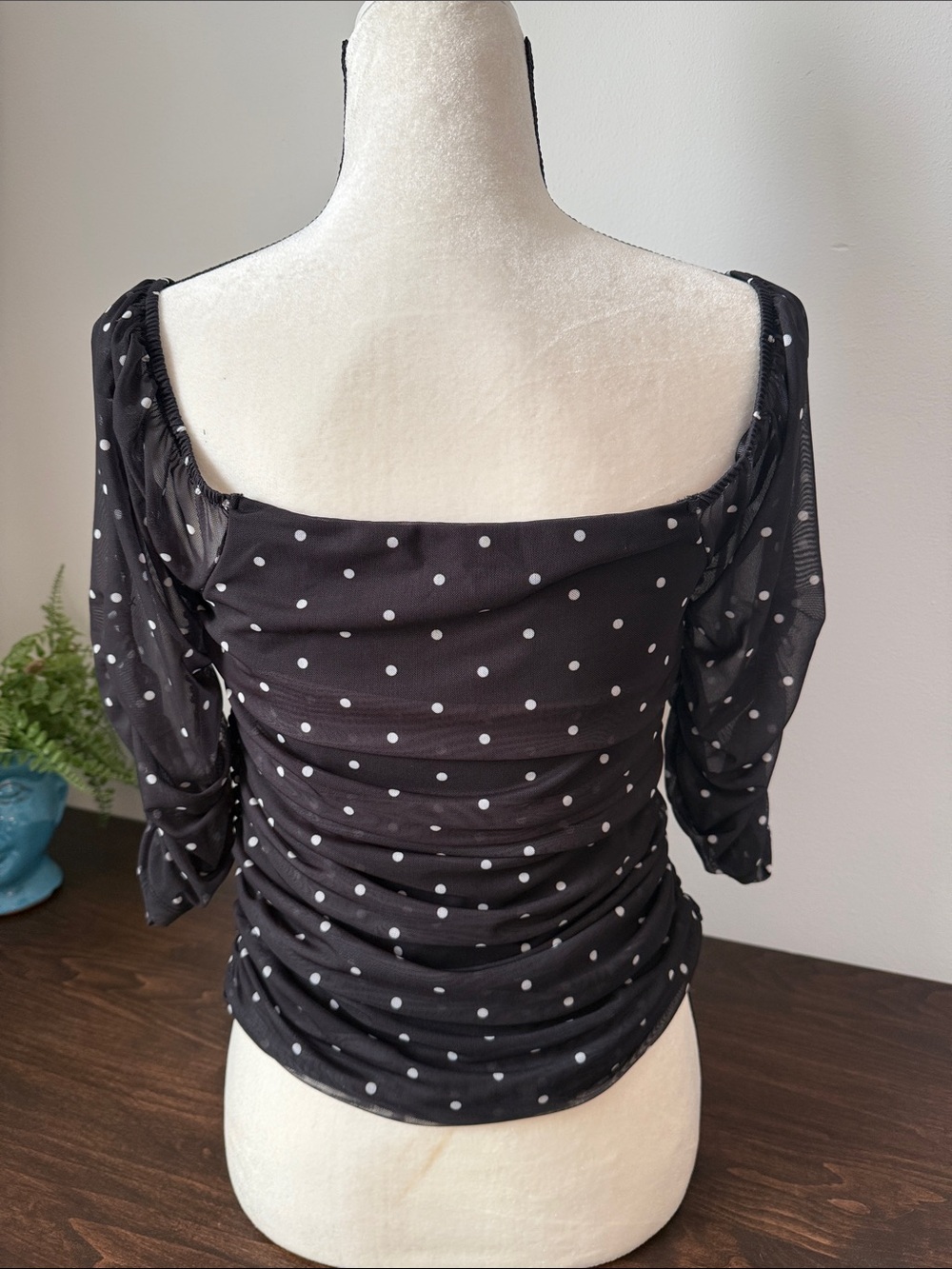 Anthropologie Black Polka Dot Square-Neck Blouse - Picture 3 of 6